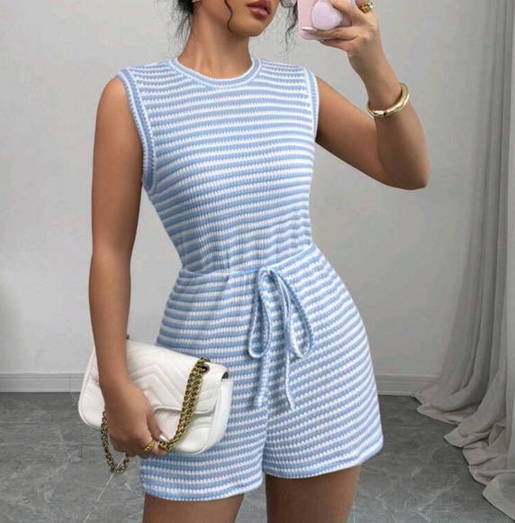 Women's Casual Set, Waffle Pattern Striped Sleeveless Short Jumpsuit - Picture 1 of 4